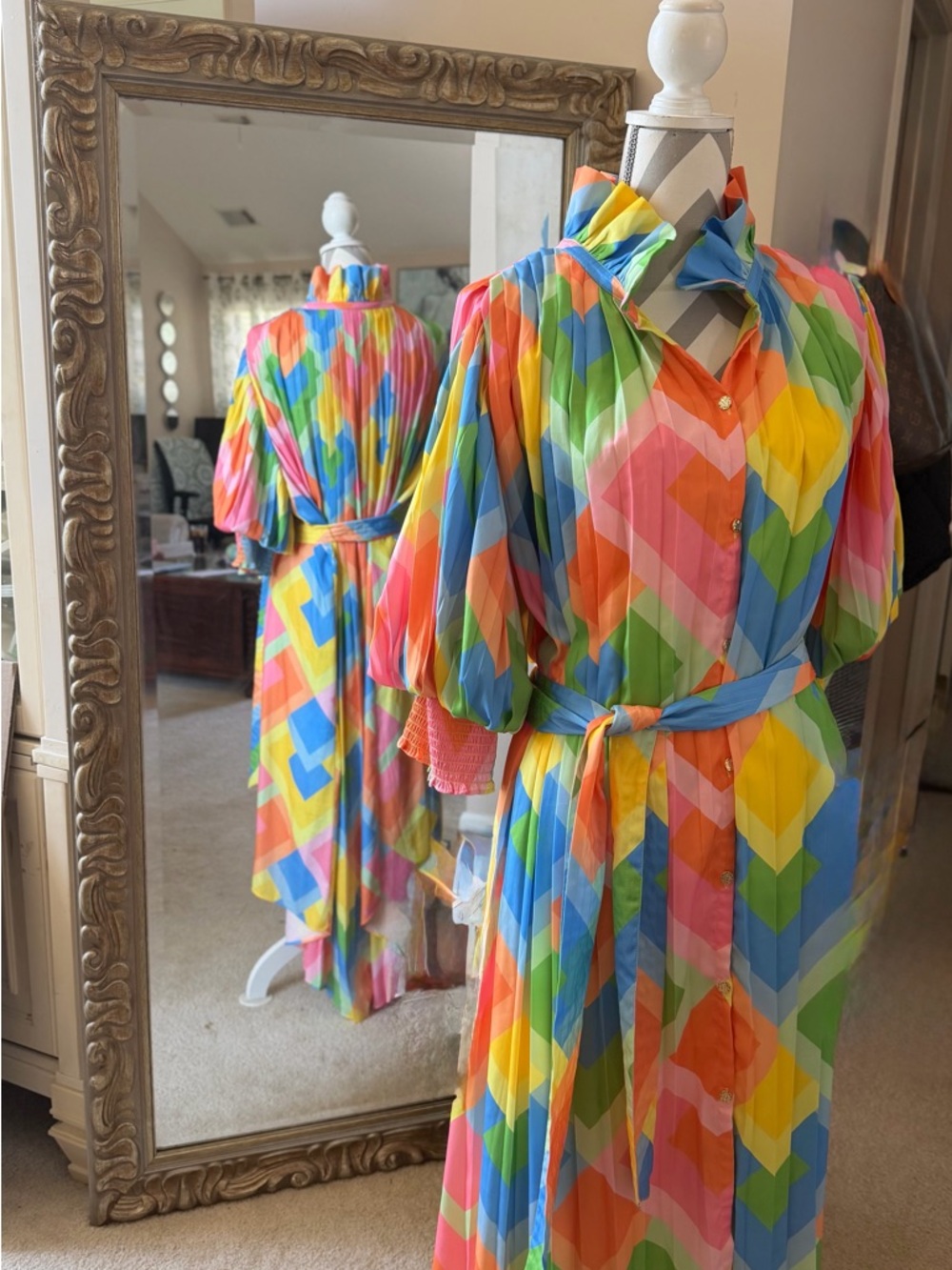 Multicolor Chevron Maxi Shirt Dress with Belt